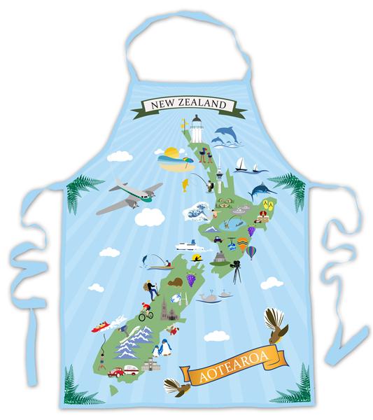 New Zealand Retro Art Map apron in bright blue, perfect for cooking enthusiasts and a charming gift. Size: 80 x 62cm.