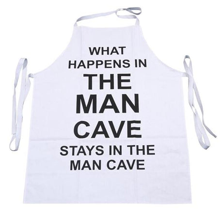 White apron featuring "What Happens In the Man Cave" slogan, perfect gift for cooking enthusiasts and man cave owners.