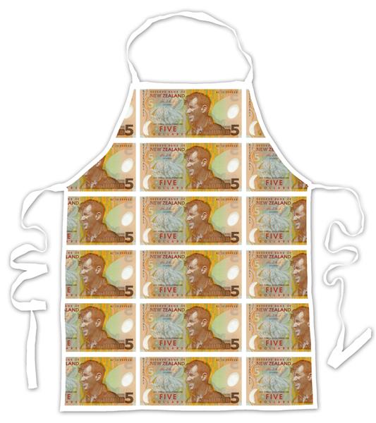 New Zealand 5 Dollar Bill Apron, 80x62cm, 100% cotton, vibrant design, adjustable straps, ideal for cooking and gifting.