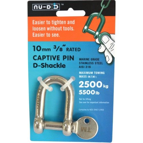 Nu D Tested Shackle made of Grade 316 stainless steel with 10mm size and 2500kg load limit, ideal for marine use.