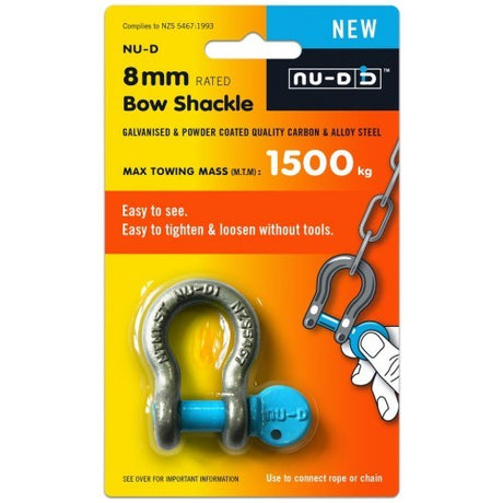 Nu-D Tested Easy Open Shackle, robust 8mm design, 1500kg limit, hassle-free tool-less operation for secure fastening.