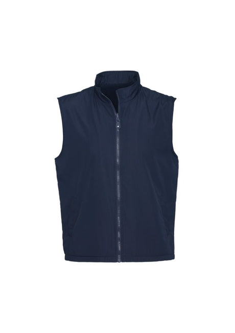 Unisex reversible navy vest in size M, featuring a durable shell, micro fleece lining, pockets, and adjustable hem.