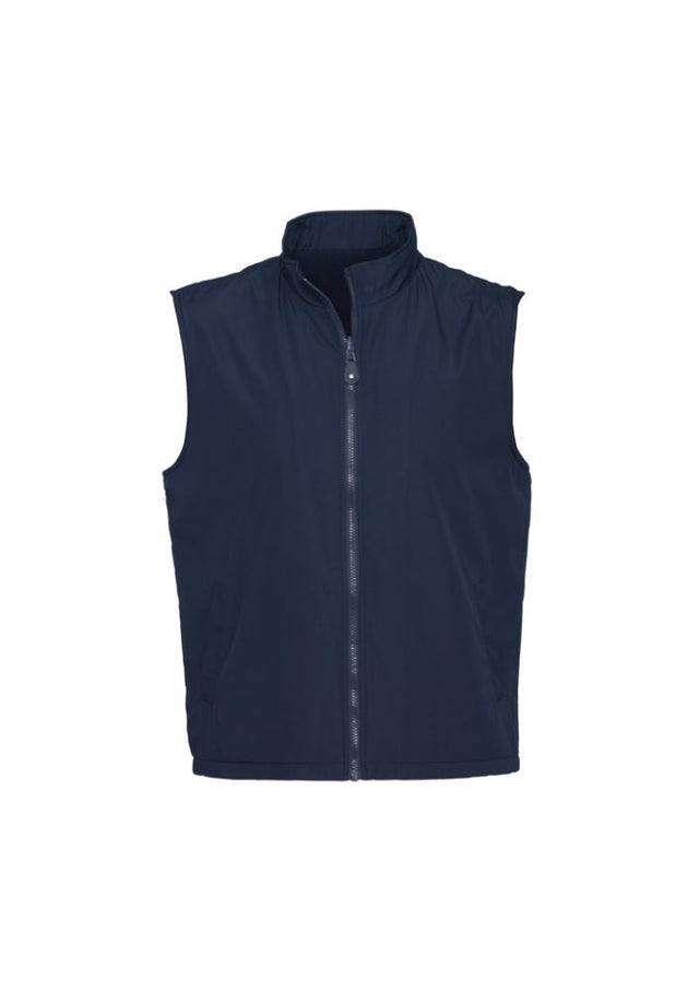 Unisex reversible navy vest in size M, featuring a durable shell, micro fleece lining, pockets, and adjustable hem.