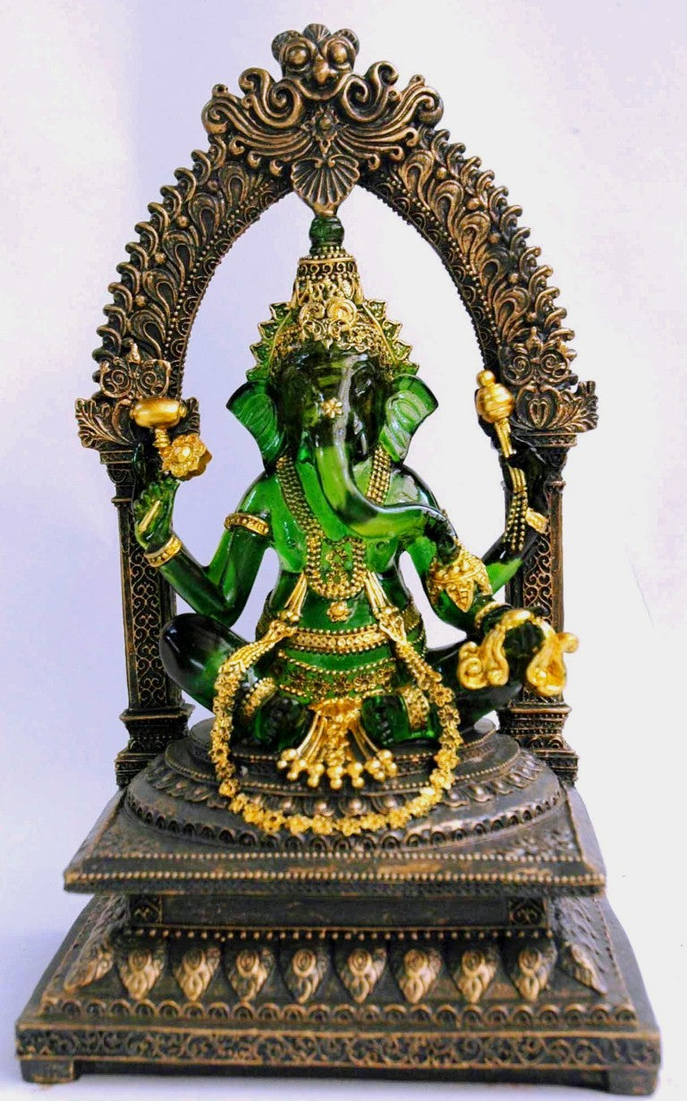 Elegant Ganesh ornament in green transparent resin with gold trimming, perfect for enhancing decor indoors or outdoors.