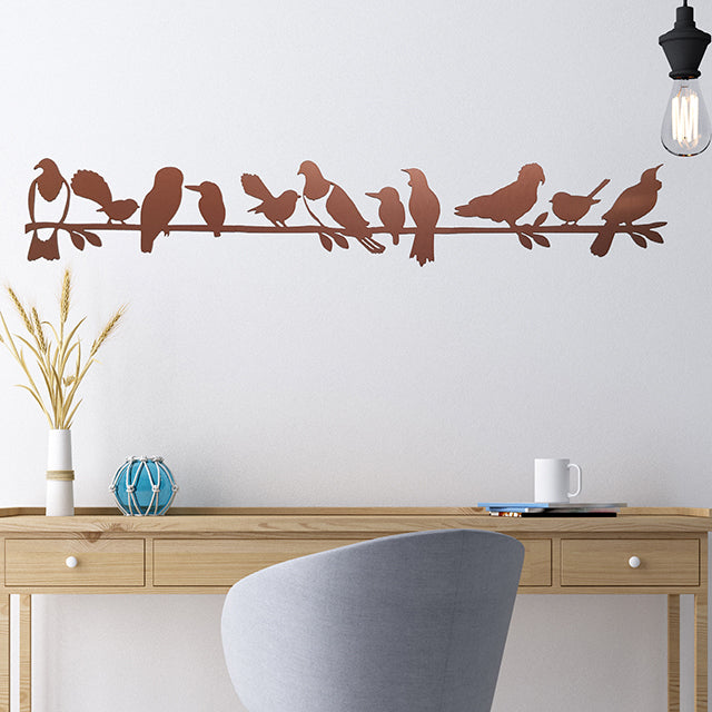 Brushed copper wall art featuring NZ birds on a branch, perfect for indoor or outdoor decor, measuring 1200mm in three parts.