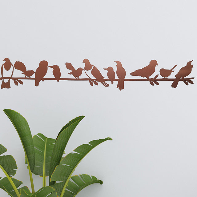 Brushed copper wall art featuring NZ birds on a branch, perfect for indoor or outdoor decor, reflecting Kiwiana spirit.