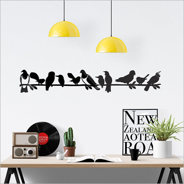 Black wall art featuring New Zealand birds on a branch, crafted from durable Aluminium Composite Material for indoor or outdoor use.
