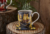 Set of 3 ceramic mugs featuring Kiwi Fantail design by artist Jennifer Cook Battersby, celebrating NZ wildlife and flora.