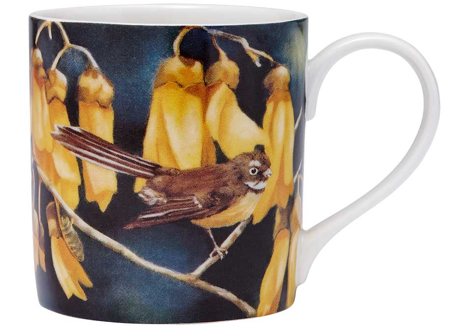 Set of 3 Kiwiana mugs featuring vibrant Fantail designs, showcasing New Zealand's native birds and flora.