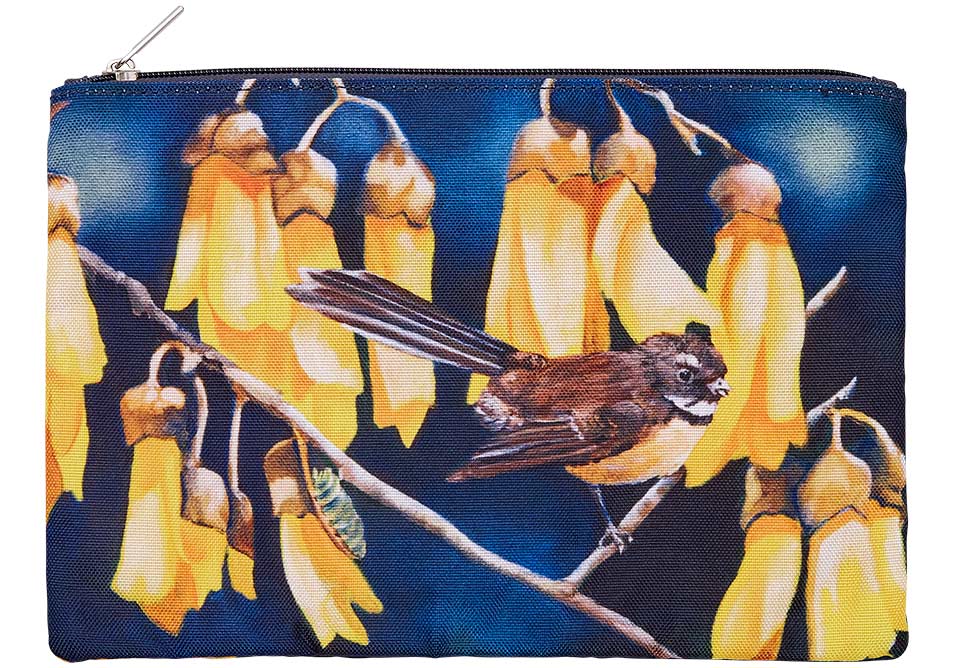 Set of 3 pouches featuring vibrant Fantail designs, showcasing New Zealand's iconic birds and flora for travel or organization.