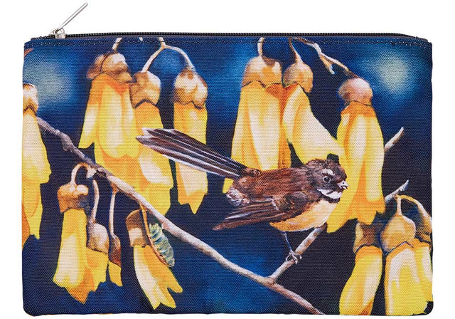 Set of 3 pouches featuring vibrant Fantail designs, showcasing New Zealand's iconic birds and flora for travel or organization.