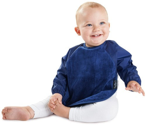 Navy Sleeved Wonder Bib for babies 18 months to 3 years, super-absorbent cotton with water-resistant backing for mess-free feeding.