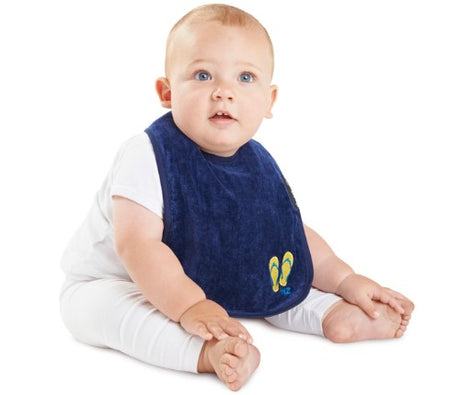 Kiwiana Wonder Bib in Navy Jandals: stylish, absorbent cotton bib with water-resistant backing, ideal for infants up to 3 years.
