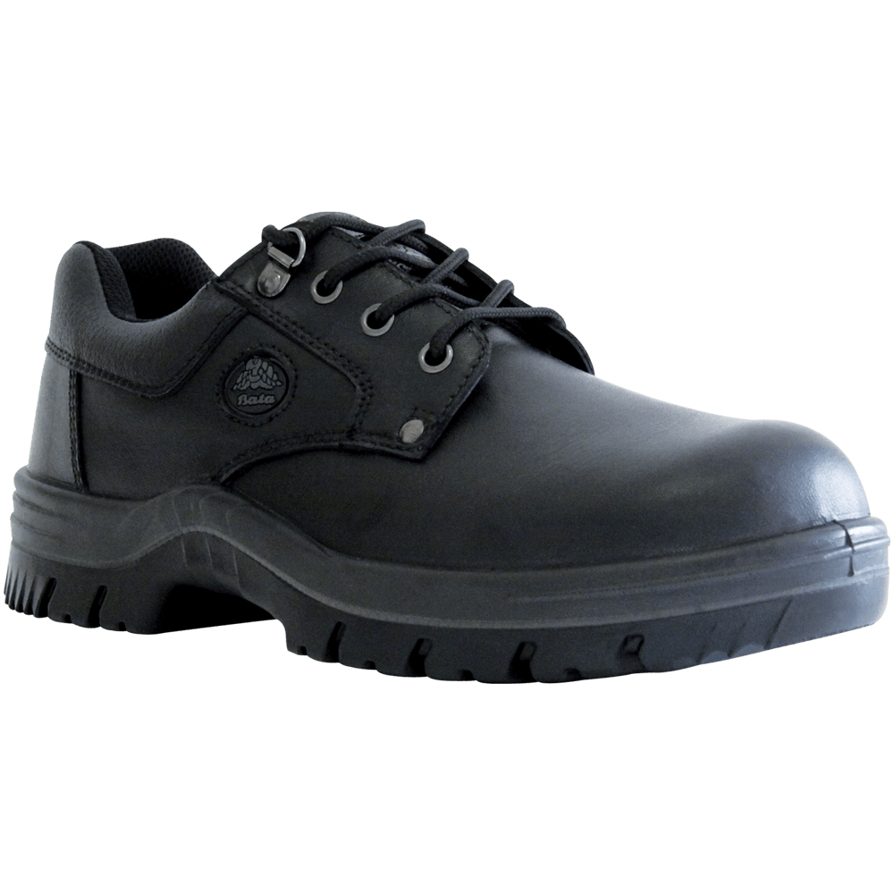 Bata Neptune Safety Shoe in black leather, featuring steel toecap, PU-PU sole, and comfort technologies for workplace safety.