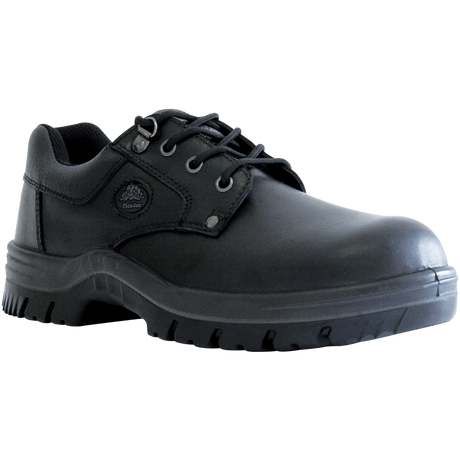 Bata Neptune Safety Shoe in black leather, featuring steel toecap, PU-PU sole, and comfort technologies for workplace safety.