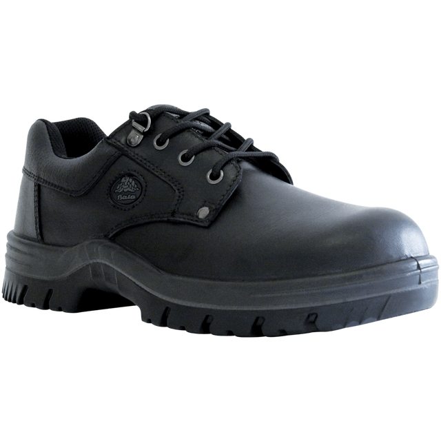 Bata Neptune Safety Shoe in black leather, featuring steel toecap, PU-PU sole, and comfort technologies for workplace safety.