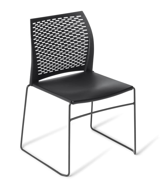 Stylish stackable meeting chair with black sled frame and perforated backrest, perfect for comfort in meetings or gatherings.