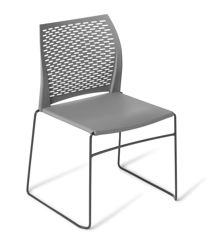 Stackable meeting chair with grey polypropylene seat, modern black sled frame, and perforated backrest for comfort and style.