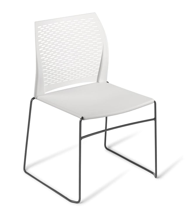 Stylish stackable meeting chair with white polypropylene seat and black sled frame, designed for comfort and modern aesthetics.
