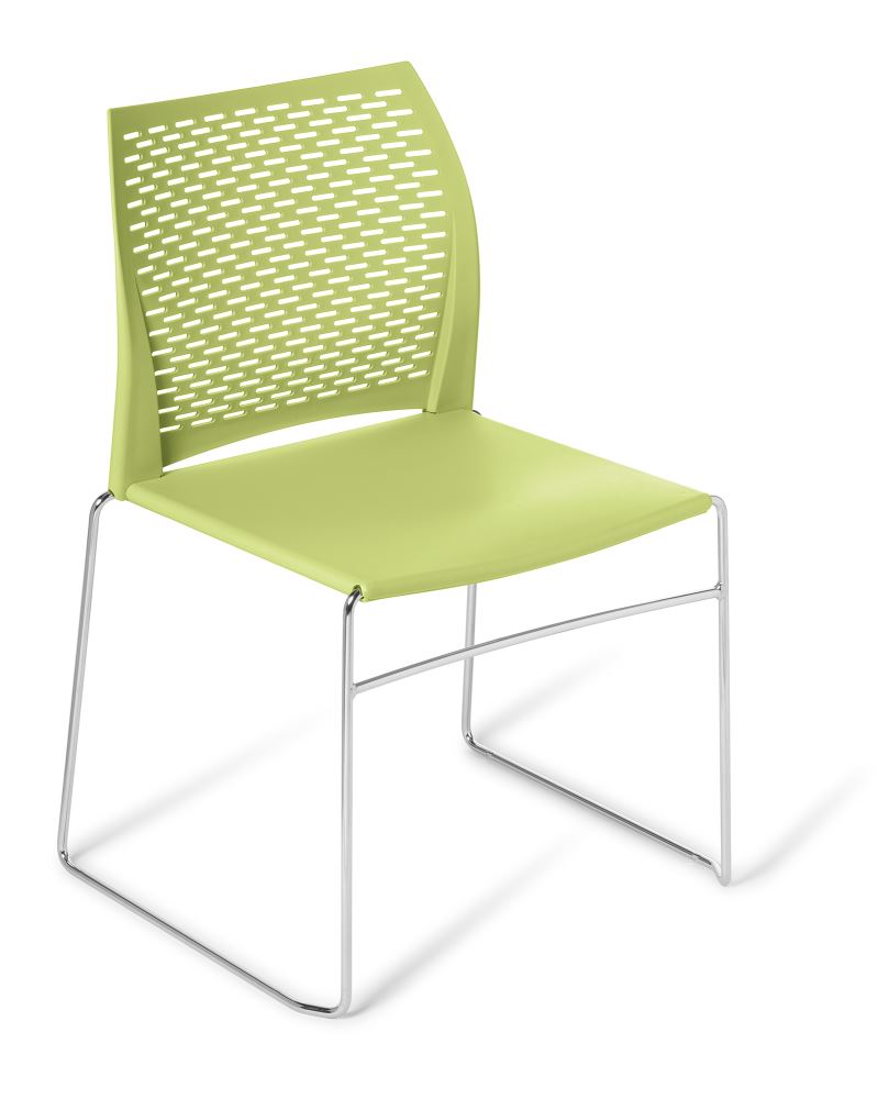 Stackable avocado net chair with chrome frame, sleek design, breathable backrest, and easy-clean polypropylene.