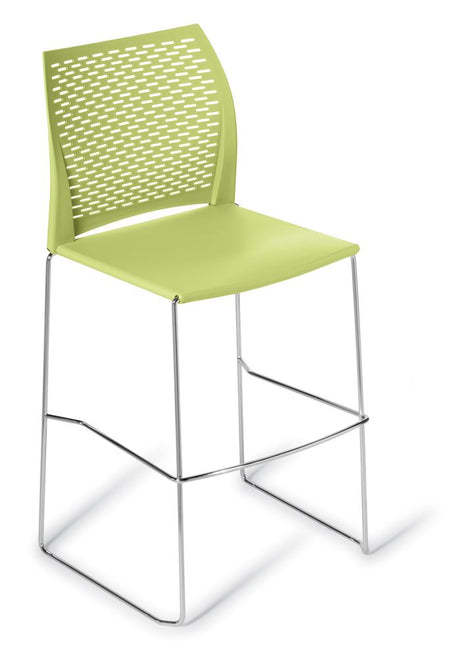 Stylish Avocado bar stool with a sleek perforated backrest and sturdy sled frame, perfect for modern interiors and outdoor settings.