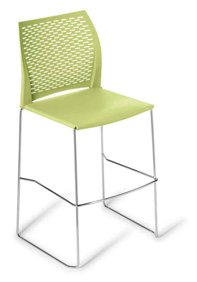 Stylish Avocado bar stool with a sleek perforated backrest and sturdy sled frame, perfect for modern interiors and outdoor settings.
