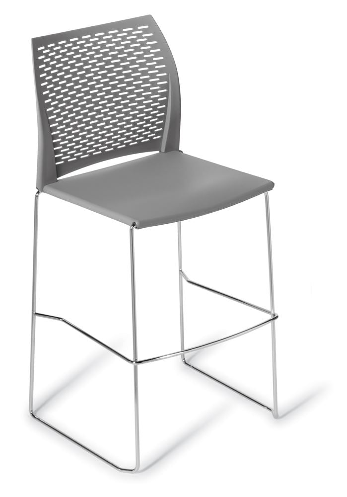Stylish grey bar stool with a slim design, perforated backrest, and durable polypropylene for modern interiors.