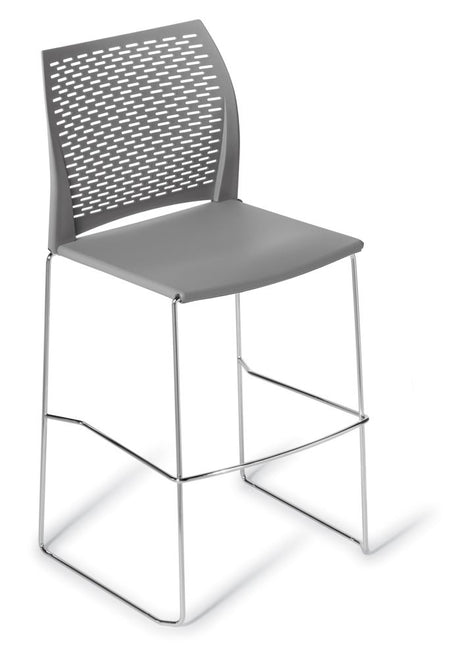 Stylish grey bar stool with a slim design, perforated backrest, and durable polypropylene for modern interiors.