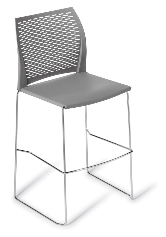 Stylish grey bar stool with a slim design, perforated backrest, and durable polypropylene for modern interiors.