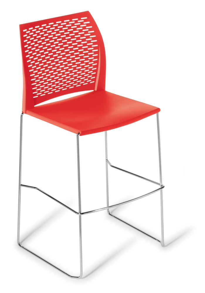 Red bar stool featuring a sleek design, durable polypropylene, and a comfortable perforated backrest for modern spaces.