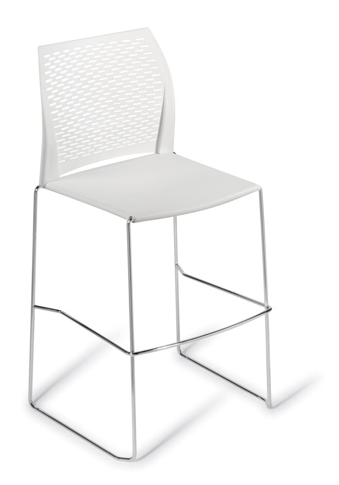 Contemporary white bar stool with perforated backrest, sturdy sled frame, 710mm seat height, and easy-to-clean polypropylene.