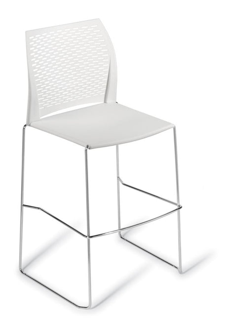 Contemporary white bar stool with perforated backrest, sturdy sled frame, 710mm seat height, and easy-to-clean polypropylene.