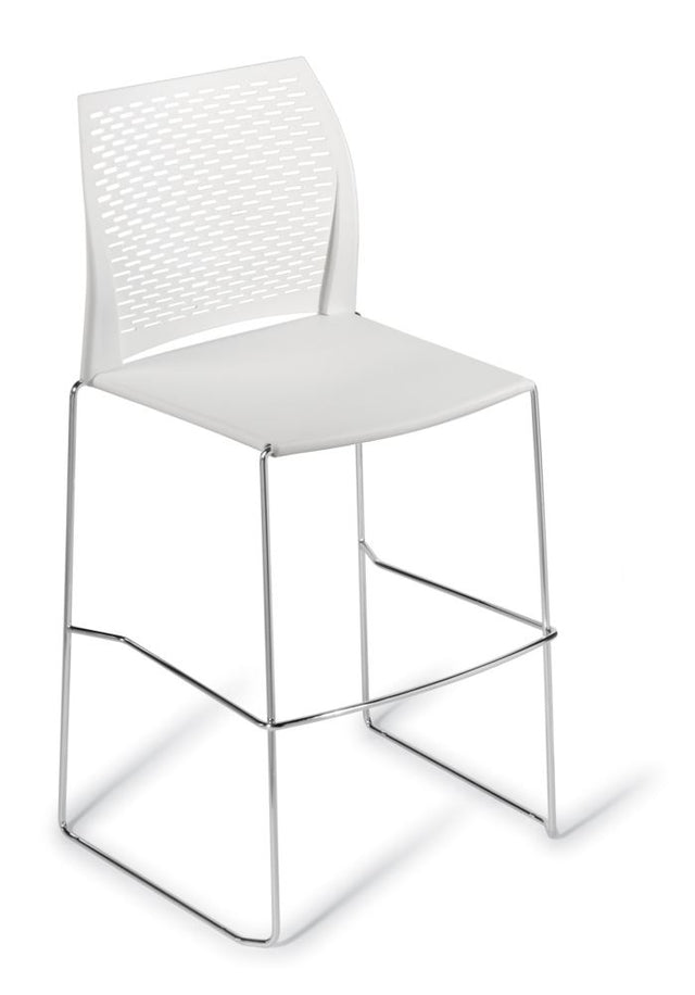 Contemporary white bar stool with perforated backrest, sturdy sled frame, 710mm seat height, and easy-to-clean polypropylene.