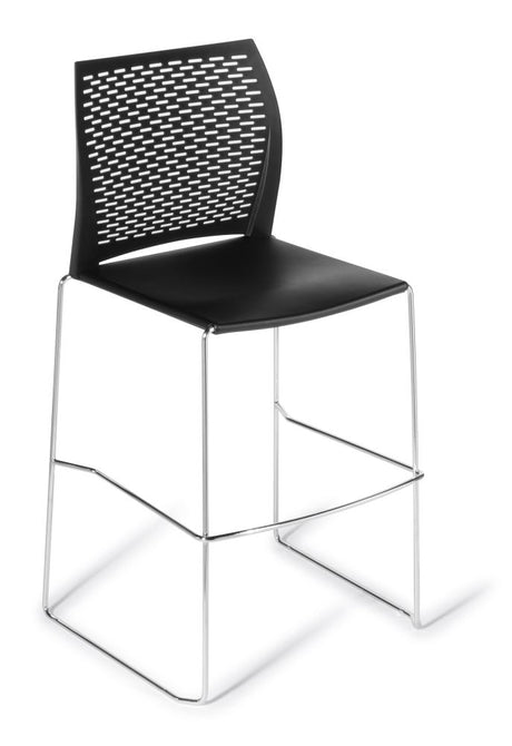 Sleek black bar stool with perforated backrest and sturdy sled frame, ideal for modern interiors and easy cleaning.