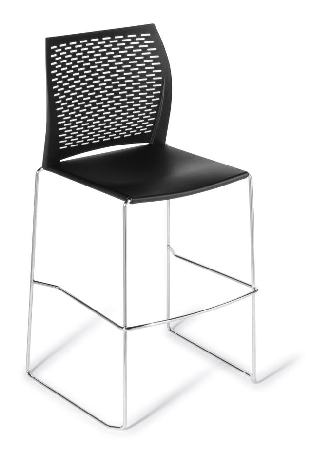 Sleek black bar stool with perforated backrest and sturdy sled frame, ideal for modern interiors and easy cleaning.