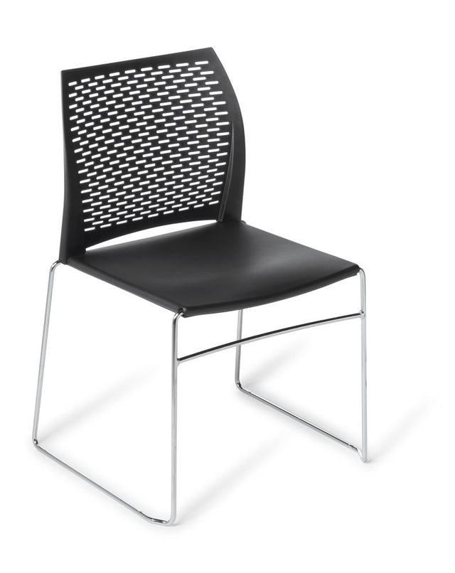 Stackable black net chair with chrome frame, featuring a perforated backrest and durable fabric, perfect for offices and meetings.
