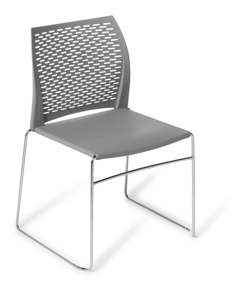 Stackable grey net chair with chrome frame, designed for comfort and durability in modern spaces.