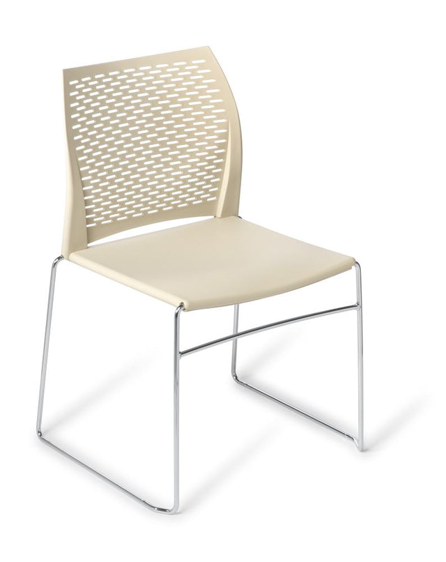 Stackable sturdy net chair with sleek chrome frame in sand, perfect for modern workspaces and high-traffic areas.
