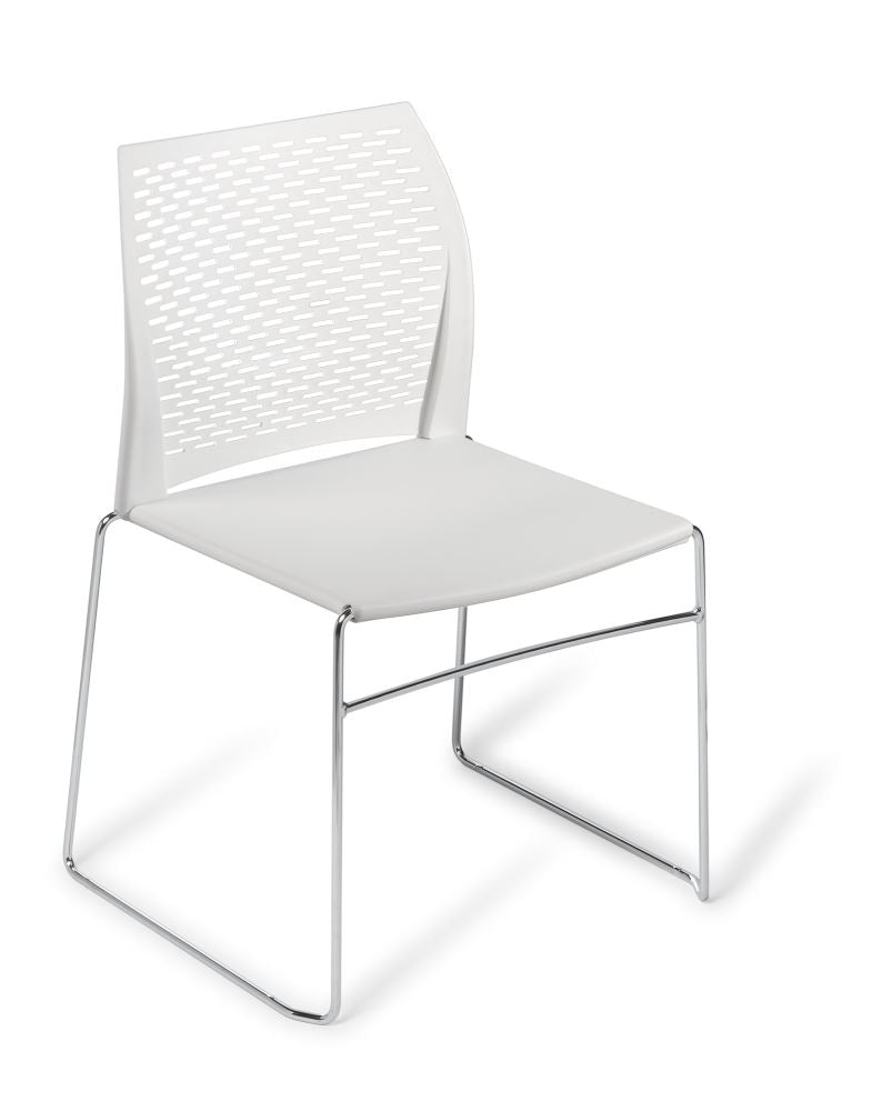 Stackable Sturdy Net Chair with chrome frame in white, featuring a breathable backrest and sleek design for modern seating needs.