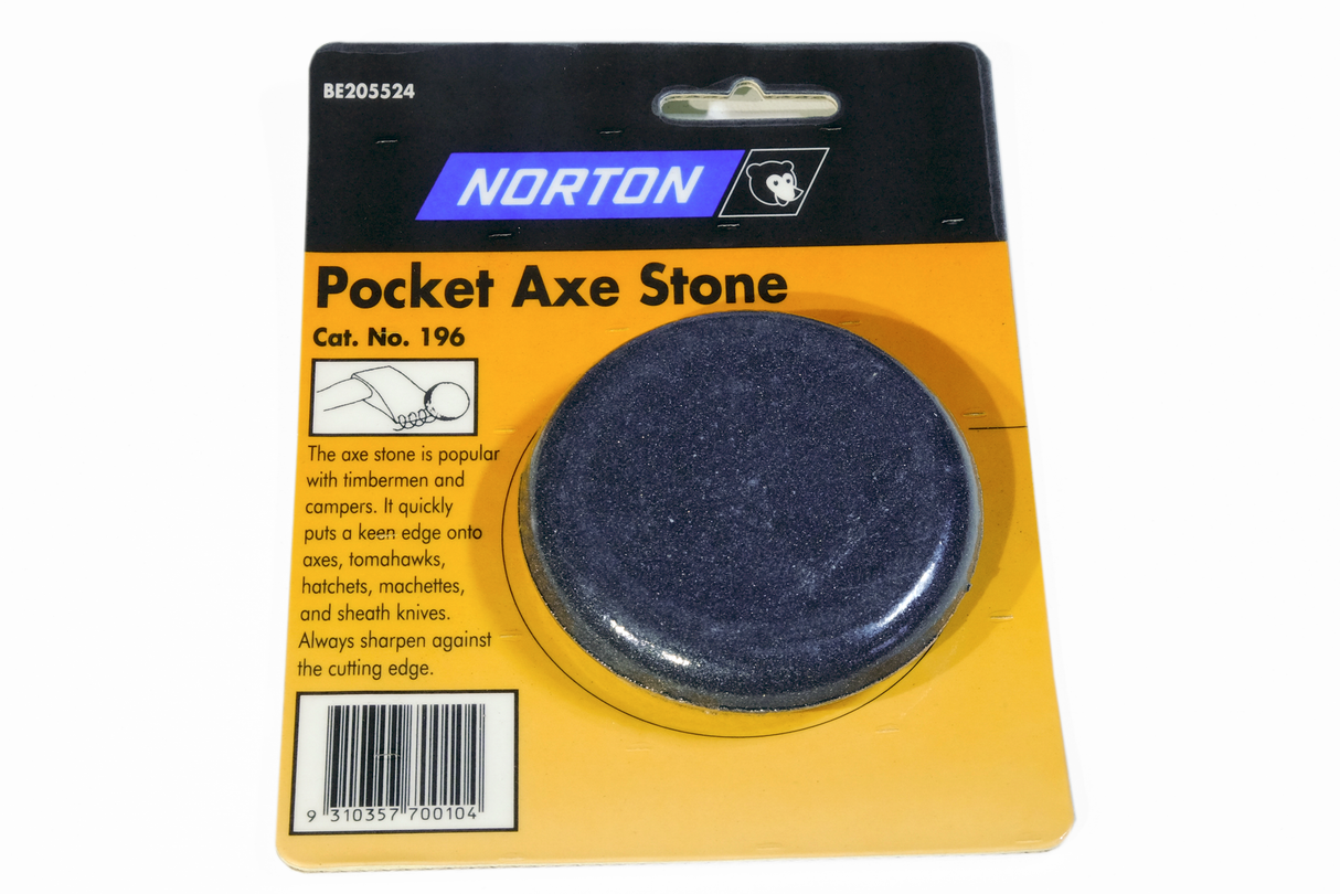 Axe Stones Round Norton sharpening stone, 75 x 16mm, for sharpening axes, knives, and bladed tools, with protective pouch.