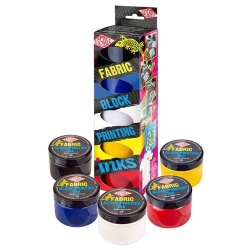 Vibrant Essdee Fabric Printing Ink Set of 5 with thick, water-based colors for seamless fabric Lino printing and easy cleanup.