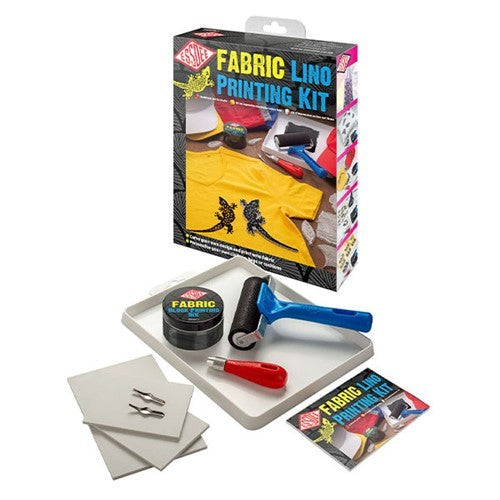 Essdee Fabric Lino Printing Kit with ink, lino sheets, cutters, handle, roller, tray, instruction book for custom fabric designs.