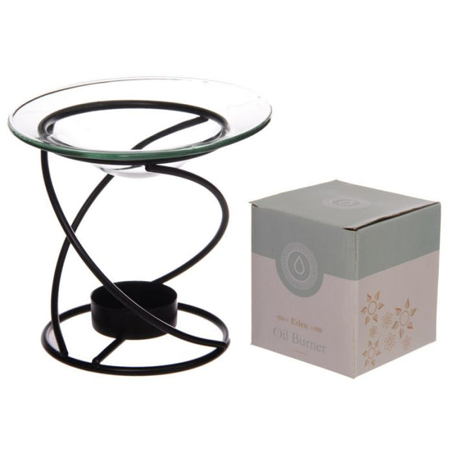 Elegant black metal spiral oil and wax burner, 10cm high, 12cm dish diameter, ideal for aromatherapy and home decor.