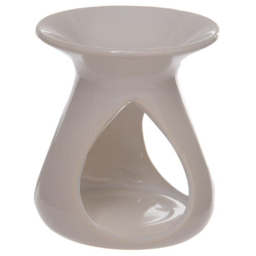 Ceramic oil and wax burner in a sleek white teardrop design, perfect for creating inviting scents at home.