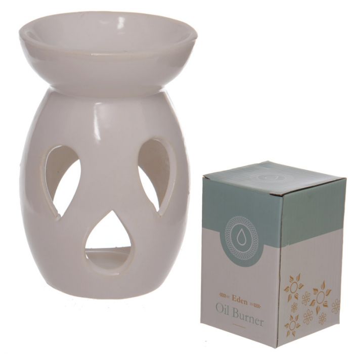 White ceramic oil and wax burner with teardrop cut-out design, 12cm tall, perfect for creating a soothing atmosphere.