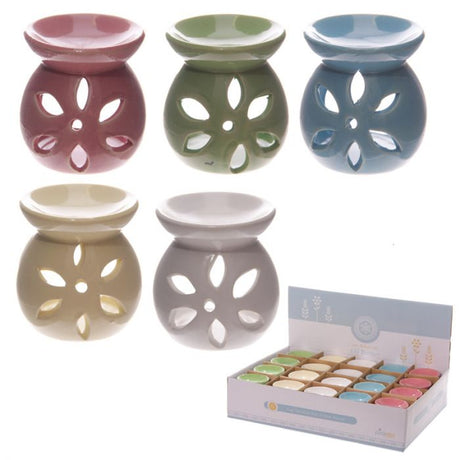 Set of 20 small ceramic oil burners with petal cut-outs, 7.5cm high, perfect for creating ambiance and delightful scents.