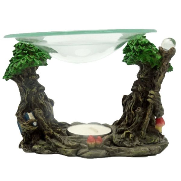 Twin Green Man Oil Burner, 13.5 cm tall, featuring intricate nature-inspired design and removable glass dish for wax melts.