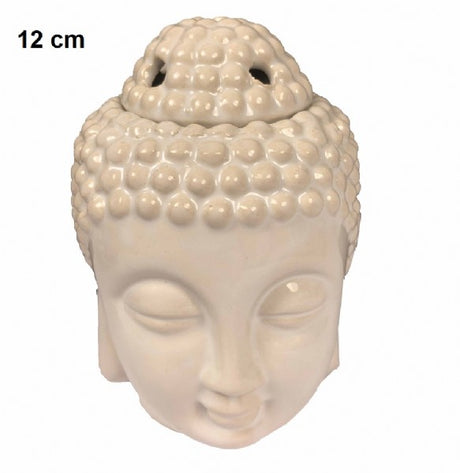 Buddha Head White Oil Burner in elegant ceramic, 12cm tall, adds tranquility and style to any space with soothing aromas.