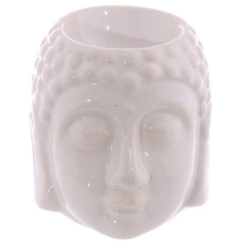 Small Buddha head oil burner in crackle glaze finish; ideal for essential oils, enhancing relaxation and home decor.