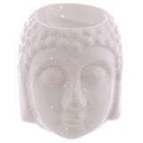 Small Buddha head oil burner in crackle glaze finish; ideal for essential oils, enhancing relaxation and home decor.